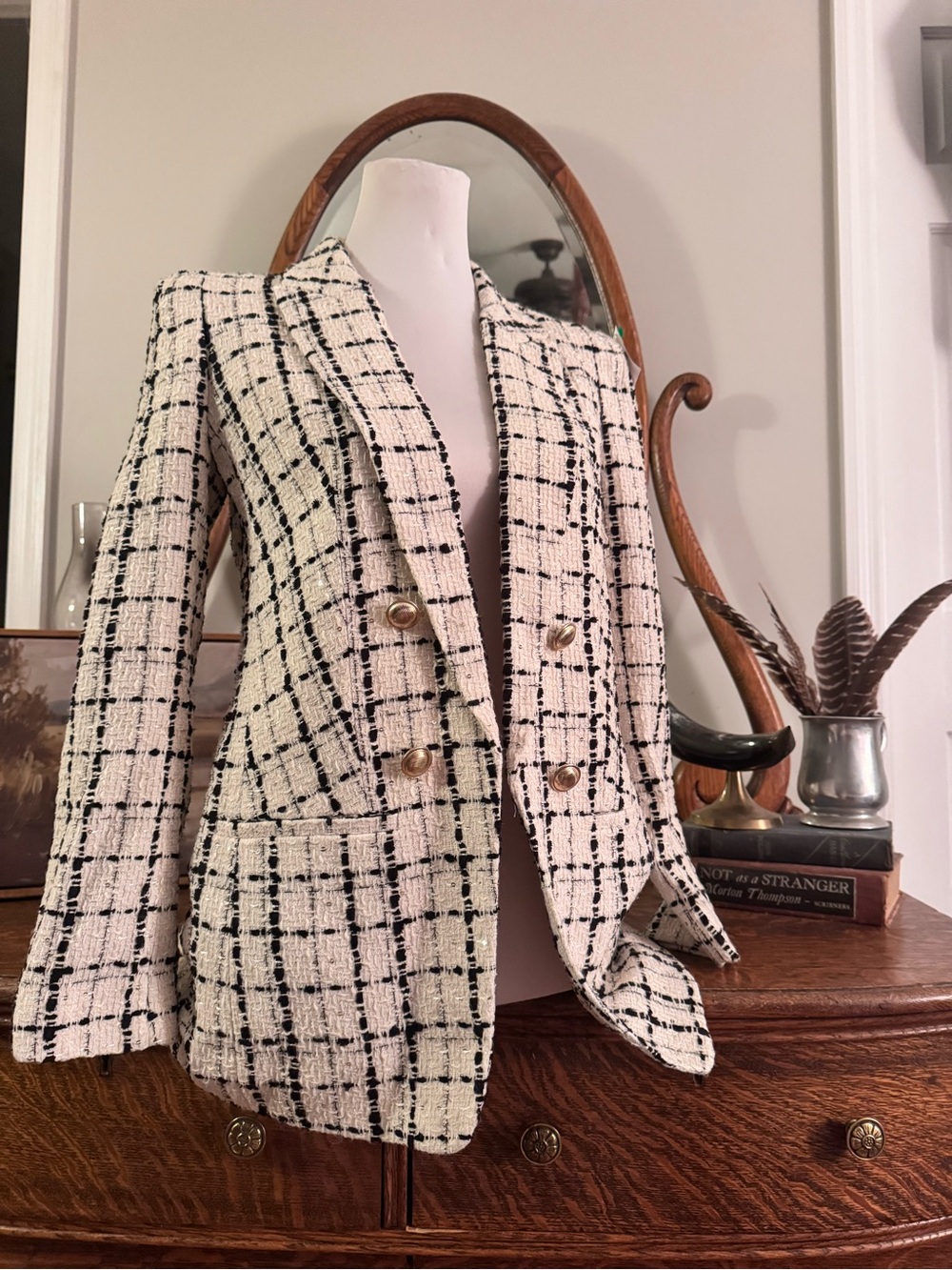 Women's Double-Breasted Tweed Blazer Jacket - White/Black